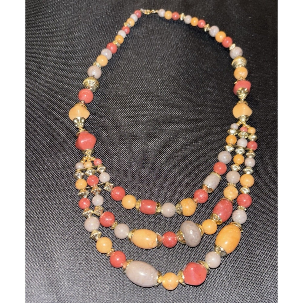 Vintage Red Orange Bead Three Strand Necklace
